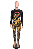 Modest Sexy Leopard Mouth Graphic Long Sleeve Tee Top Suspenders Sets HH8951