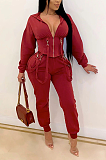 Casual Sexy Long Sleeve Self Belted Hoodie Tailored Pants Sets QZ6118