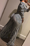 Modest Sexy Striped Long Sleeve Deep V Neck Crop Top Long Pants Sets OMY8098