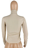 Autumn Winter High Elastic Rib Fashion Pearl High Neck Long Sleeve Coat YYZ520
