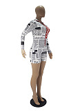 Casual Modest Paper Graphic Long Sleeve Hoodie Romper Shorts SDD9338