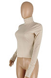 Autumn Winter High Elastic Rib Fashion Pearl High Neck Long Sleeve Coat YYZ520