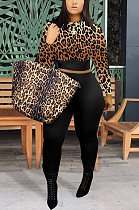 Casual Leopard Long Sleeve Round Neck Tee Top Long Pants Sets YSH6206