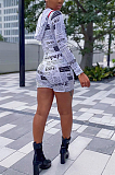 Casual Modest Paper Graphic Long Sleeve Hoodie Romper Shorts SDD9338