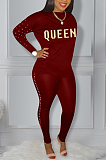 Elegant Pearls Letter Long Sleeve Round Neck Tee Top Long Pants Sets H856