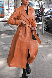 Casual Pu Leather Long Sleeve Lapel Neck Buttoned Belted Longline Coats HM5397