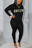 Elegant Pearls Letter Long Sleeve Round Neck Tee Top Long Pants Sets H856