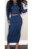 Sexy Long Sleeve Round Neck Spliced Tee Top Midi Skirt Sets H1258
