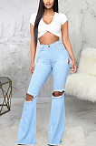 Broken Hole Casual Sexy Buttoned Flare Wide Leg Pants Jeans SMR2337