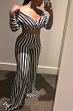 Modest Sexy Striped Long Sleeve Deep V Neck Crop Top Long Pants Sets OMY8098