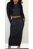 Sexy Long Sleeve Round Neck Spliced Tee Top Midi Skirt Sets H1258