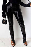 Fashion Casual Shirred Detail Heaps Of Pants Slit Add Wool Light PU Leather Pants BS1237