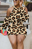 Casual Sexy Leopard Long Sleeve Halterneck Midi Dress ED8326
