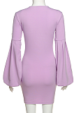 Casual Cute Sexy Long Sleeve Round Neck Puff Sleeve Midi Dress YME08818