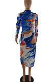 Sexy Tie Dye Long Sleeve Round Neck Jag Hollow Out Mid Waist Long Dress SQ6236