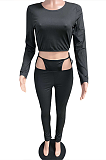 Sexy Simplee Long Sleeve Round Neck Hollow Out Waist Tie Long Pants Sets MA6636