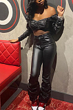 Sexy Pu Leather Long Sleeve Off Shoulder Crop Top Long Pants Flare Leg Pants Sets KDN1225