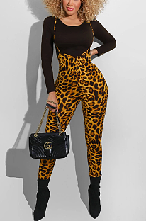 Modest Night Out Leopard Long Sleeve Round Neck Overalls Sets KF236