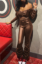 Sexy Pu Leather Long Sleeve Off Shoulder Crop Top Long Pants Flare Leg Pants Sets KDN1225