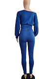 Pure Color Sexy Inclined Shoulder Shirred Detail Girdle Tight Pants Two-Piece LBA1031