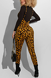 Modest Night Out Leopard Long Sleeve Round Neck Overalls Sets KF236