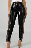 High Elastic Add Wool Leather Pants Spliced Sequins Tassel PU Leather Pants LA3241