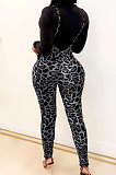Modest Sexy Leopard Mouth Graphic Long Sleeve Tee Top Suspenders Sets HH8951