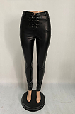 Casual Pu Leather Knotted Strap Mid Waist Long Pants XQ1060