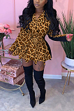 Leopard Plaid Long Sleeve V Neck Self Belted Spliced Mini Dress FFE044