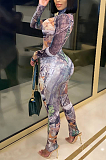 Sexy Polyester Pop Art Print Long Sleeve Round Neck Bodycon Jumpsuit FFE046