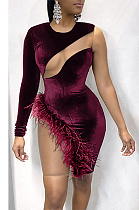 Night Out Sexy Long Sleeve Spliced Feathers Mini Dress GL6317