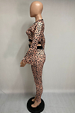 Modest Leopard Long Sleeve Round Neck Crop Top Long Pants Sets XQ1056