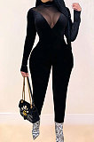 Womenswear Fashion Casual Sexy Pleuche Net Yarn Spliced Perspective Cultivate One's Morality Long Jumpsuits SM9128