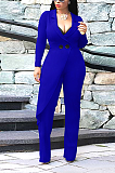 Casual Polyester Long Sleeve V Neck Buttoned Wide Legged Jumpsuits QQM4151