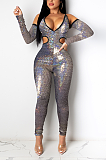 Sexy Polyester Long Sleeve V Neck Off Shoulder Bodycon Jumpsuit FFE038