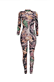 Sexy Polyester Pop Art Print Long Sleeve Round Neck Bodycon Jumpsuit FFE046