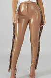 High Elastic Add Wool Leather Pants Spliced Sequins Tassel PU Leather Pants LA3241