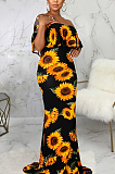 Elegant Sexy Short Sleeve Off Shoulder Sunflower Print Tube Dress SMR9877