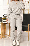 Casual Long Sleeve Long Pants Shirred Detail Pure Color Two-Piece YYF8148