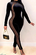 Long Sleeve Cultivate One's Morality Suede Zipper Sexy Perspective Net Yarn Jumpsuits QY5029