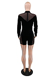 Sexy Long Sleeve Round Neck See Through Polyester Mesh Short Pants Bodycon Jumpsuit CCY8815