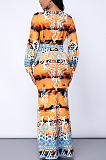 Multi Sexy Pop Art Print Long Sleeve V Neck Belted Long Dress SMR9854
