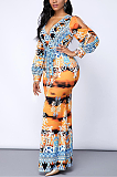 Multi Sexy Pop Art Print Long Sleeve V Neck Belted Long Dress SMR9854