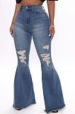 Casual Cotton Buttoned Slant Pocket Flare Leg Pants High Stretch Jeans SMR2366