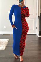Sexy Leopard Long Sleeve Round Neck Spliced Long Dress AL142