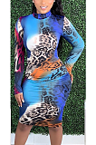 Sexy Leopard Long Sleeve Stand Collar Long Dress LS6406