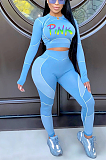Casual Sporty Letter Long Sleeve Round Neck Spliced Tee Top Sweat Pants Sets OMM1189