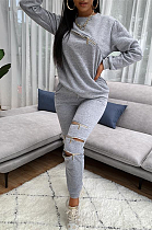 Casual Simplee Long Sleeve Round Neck Ripped Long Pants Sets TK6122
