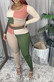 Casual Long Sleeve Round Neck Spliced Tee Top Long Pants Sets HG087