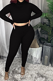 Sexy Long Sleeve High Neck Tee Top Thread Pit Capris Pants Sets HG086